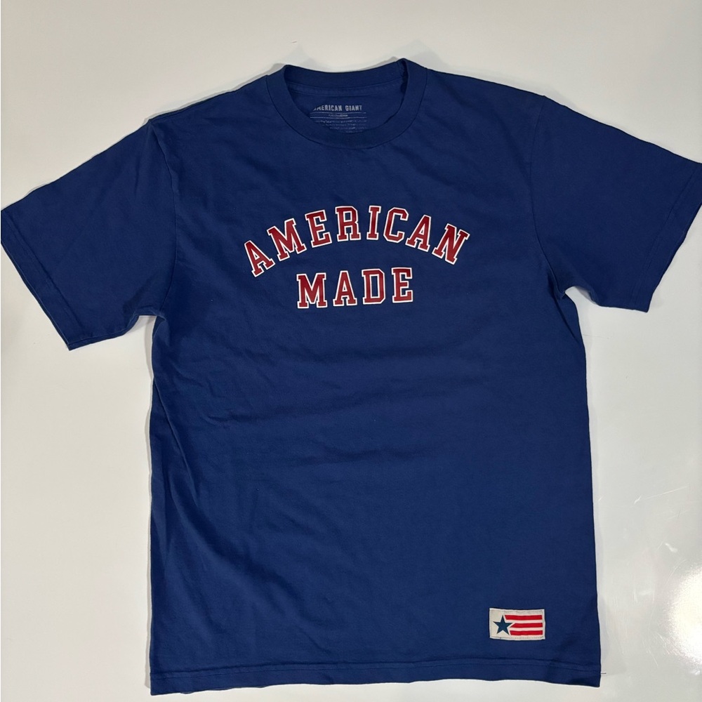 Men’s American Giant Blue Tee with Red Lettering